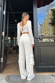 Ekru Kargo Cep Keten Pantolon SY-0713-Ekru