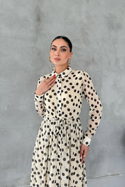 Bej Puantiyeli Gömlek Elbise SY-3050-Bej