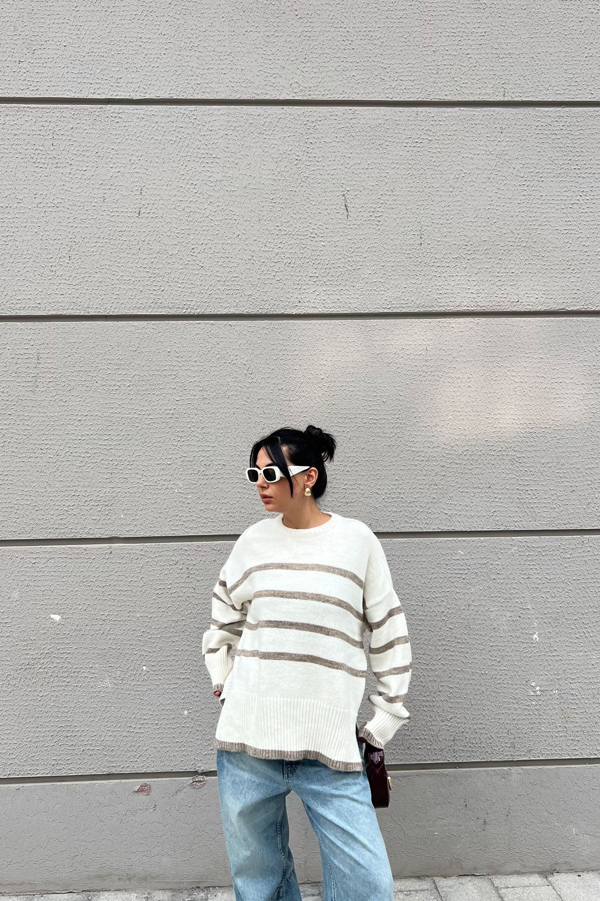 Ekru Kahve Çizgili Oversize Triko Kazak SY-2401-Ekru