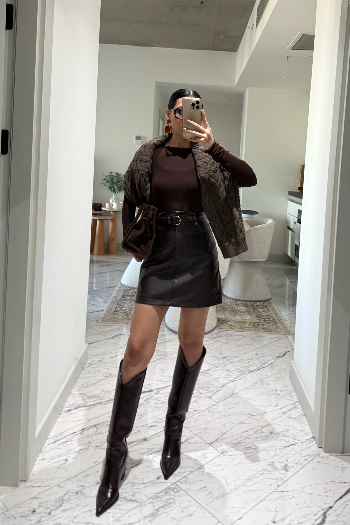 Kahverengi Deri Mini Etek SY-3522-Kahverengi