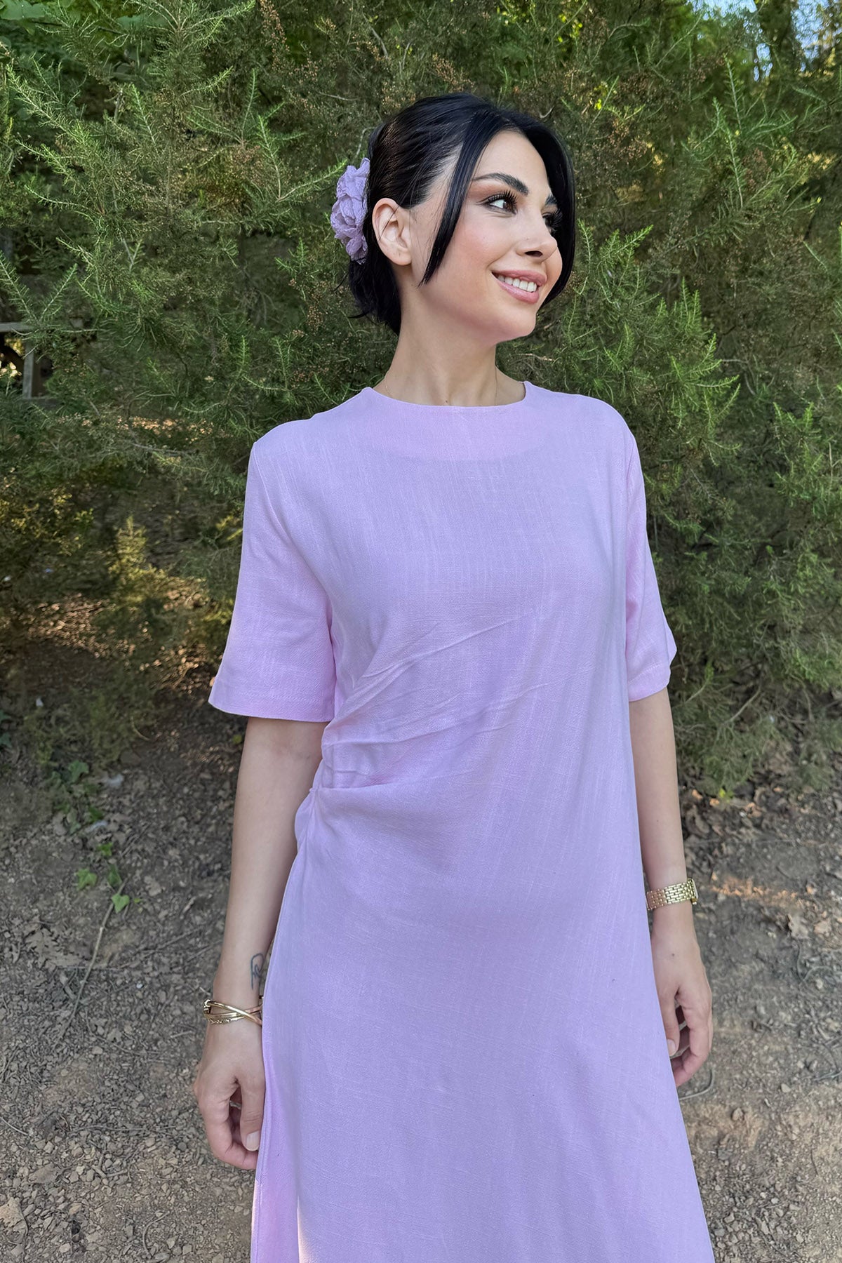 Pembe Bisiklet Yaka Pile Detaylı Elbise SY-2059-Pembe