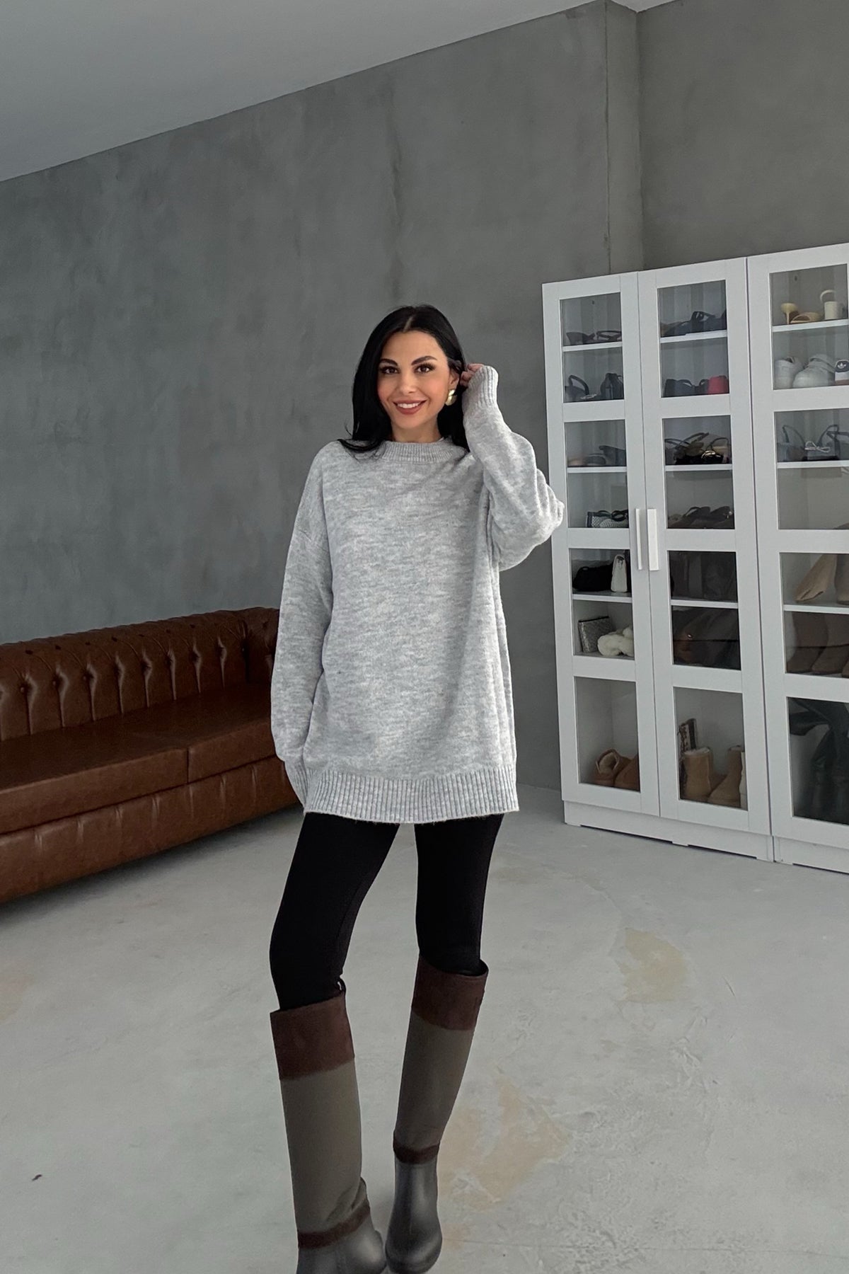 Gri Bisiklet Yaka Lastikli Pinterest Triko Kazak SY-3368-Gri