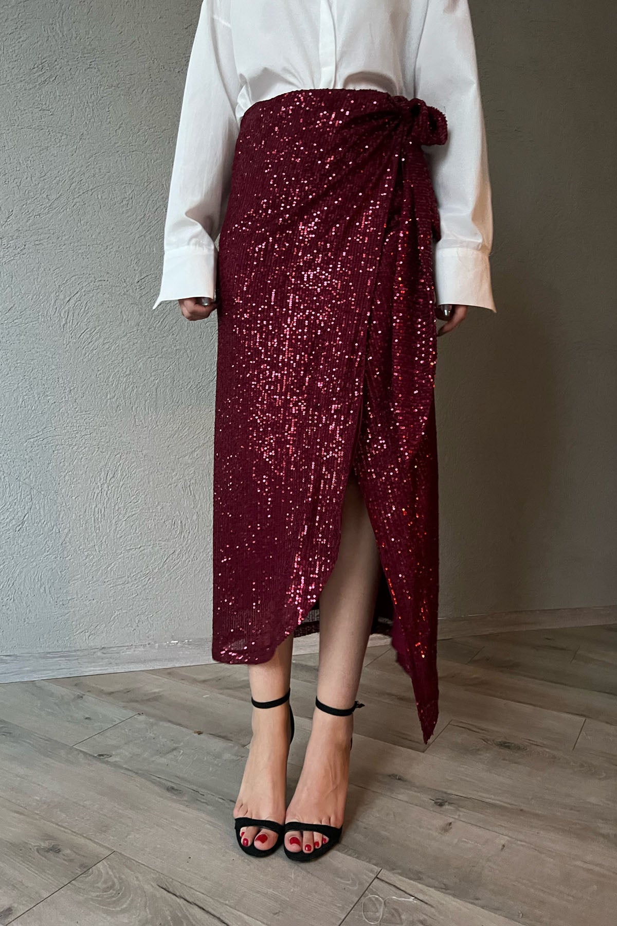 Bordo Pullu Bağlama Detaylı Etek SY-1393-Bordo