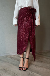 Bordo Pullu Bağlama Detaylı Etek SY-1393-Bordo