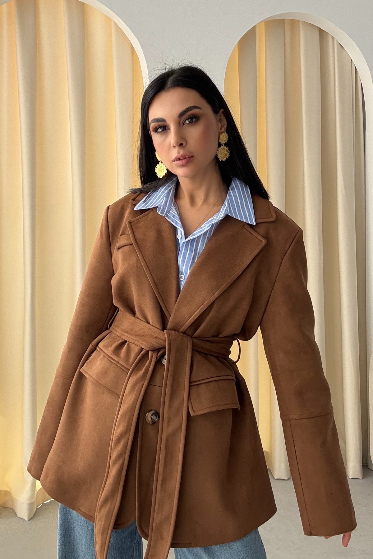 Taba Kuşaklı Süet Vintage Ceket SY-3485-Taba