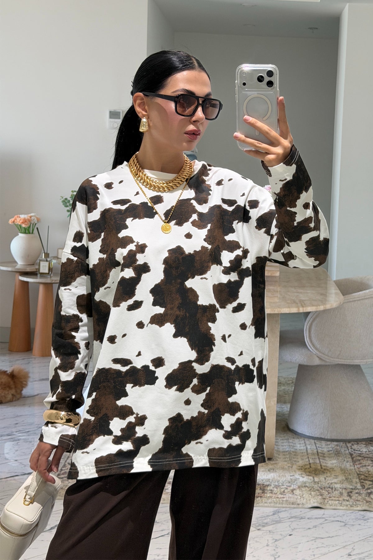 Kahve Cow Desenli Kahve Uzun Kollu Tişört SY-3827-Kahverengi