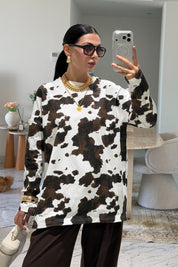 Kahve Cow Desenli Kahve Uzun Kollu Tişört SY-3827-Kahverengi