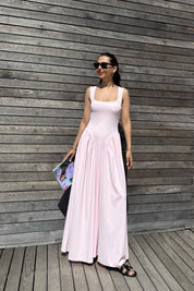 Kalın Askılı Kare Yaka Pembe Elbise SY-3161-Pembe