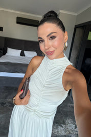 Beyaz Halter Yaka Maxi Davet Elbisesi Ön Drapeli SY-3782-Beyaz