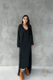 Antrasit V Yaka Uzun Elbise Hırka Triko Takım SY-2716-Antrasit