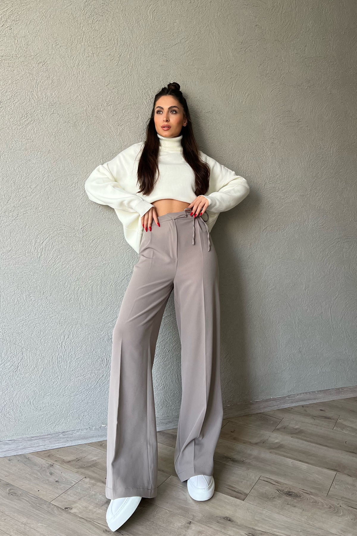Gri Beli İpli Tek Pileli Bol Paça Pantolon SY-1351-Gri
