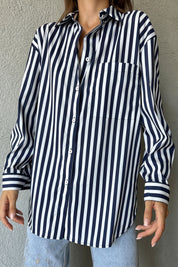 Lacivert Çizgili Oversize Cep Detaylı Gömlek SY-0969-Lacivert