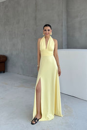 Sera Boyun Bağlamalı Sırt Dekolteli Yırtmaçlı Sarı Elbise SY-3221-Sarı