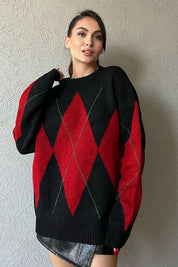 Siyah Baklava Desenli Yakalı Kazak SY-1302-Siyah