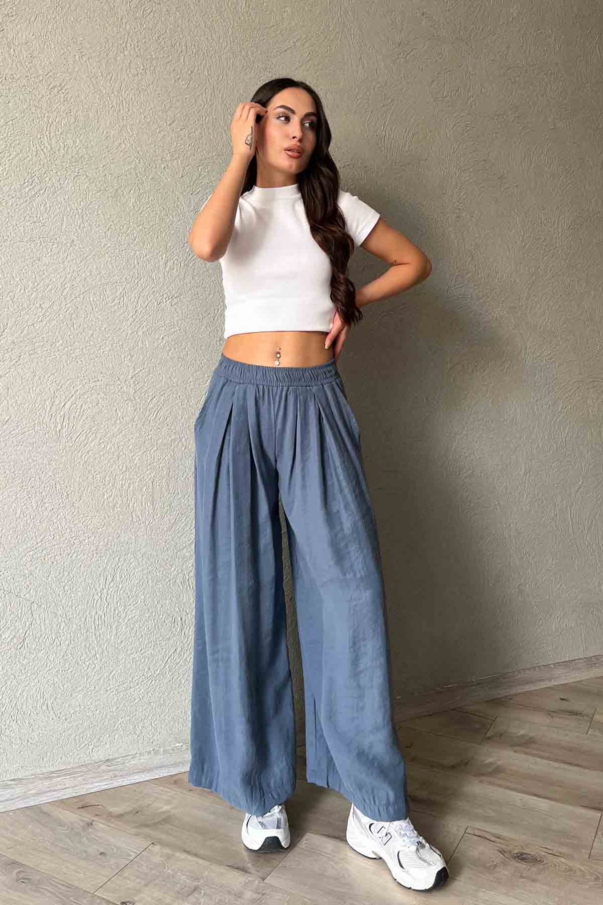 İndigo Beli Lastikli Free Modal Pantolon SY-2012-İndigo