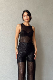 Siyah Pullu Transparan Bluz ve Beli Lastikli Pantolon Takım SY-1141-Siyah
