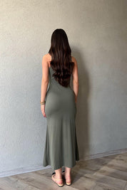 Haki Sıfır Kol Bisiklet Yaka Midi Elbise SY-1726-Haki