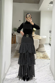 Siyah Puantiyeli Fırfırlı Kat Kat Kemerli ETek SY-3525-Siyah
