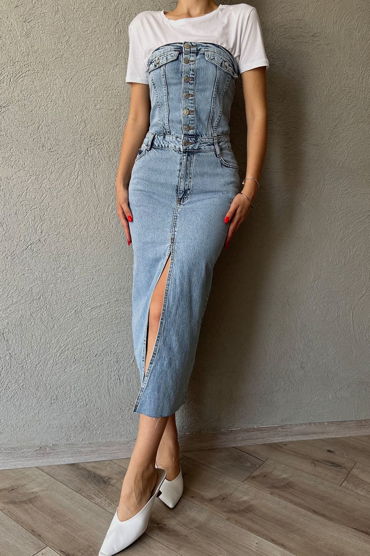 Buz Mavisi Önü Düğme ve Yırtmaç Detay Straplez Elbise SY-0470-Buz Mavisi