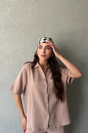 Vizon Kısa Kol Gömlek Şort Müslin Takım SY-2118-Vizon