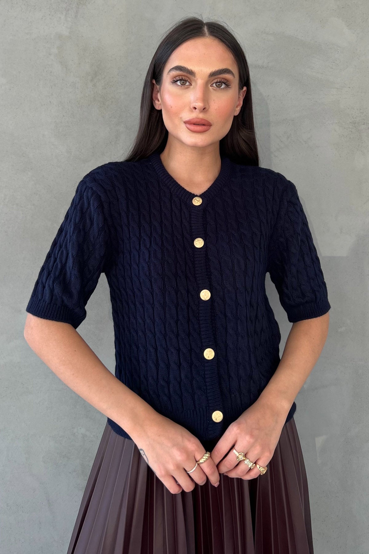 Lacivert Saç Örgülü Gold Düğme Detaylı Triko Hırka SY-2518-Lacivert