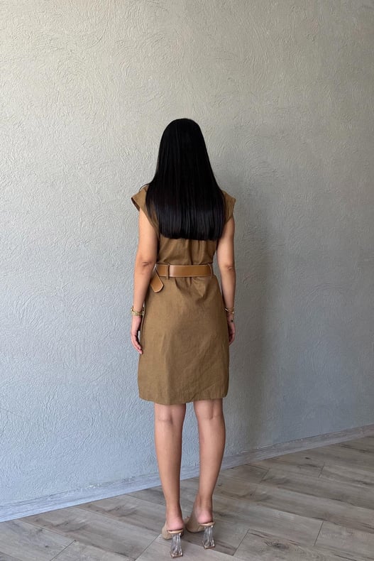 Camel Keten Safari Elbise SY-2853-Camel