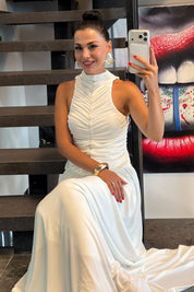 Beyaz Halter Yaka Maxi Davet Elbisesi Ön Drapeli SY-3782-Beyaz