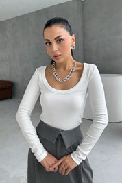 Uzun Kollu Fitilli Derin Bisiklet Yaka Beyaz Body SY-3412-Beyaz