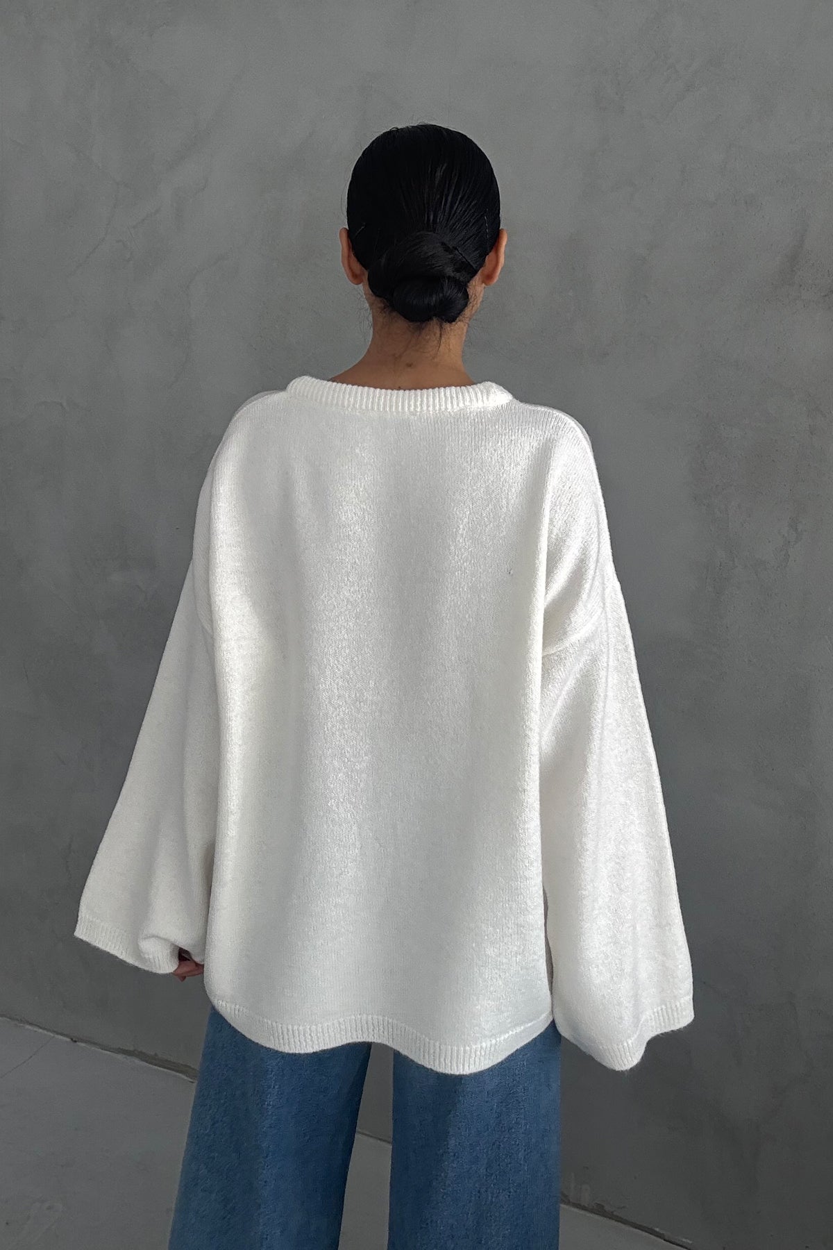 Beyaz Bisiklet Yaka Oversize Pinterest Triko Kazak SY-3343-Beyaz