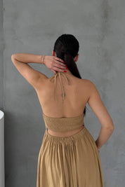 Camel Sırt Dekolteli Keten Uzun Elbise SY-2336-Camel