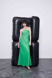 Yeşil Boyun Bağlamalı Saten Elbise SY-1794-Yeşil