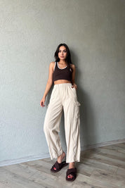 Bej Dikiş Detaylı Kargo Cepli Beli Lastikli Pantolon SY-1863-Bej
