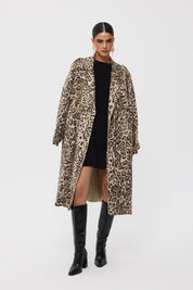 Krem Leopar Kemerli Arkası Yırtmaçlı Trençkot SY-2490-Krem