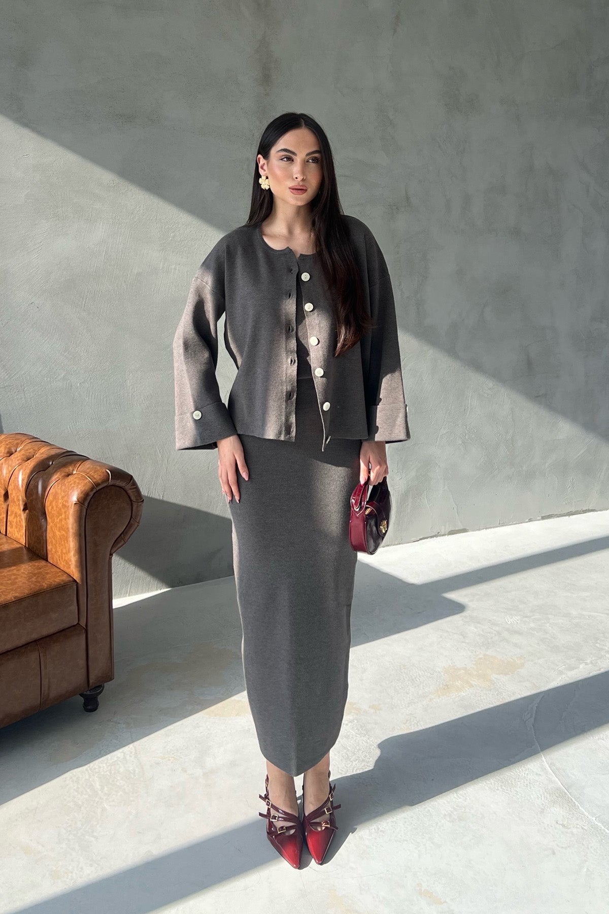 Antrasit Tasarım Triko Hırka Bluz Etek Takım SY-2432-Antrasit