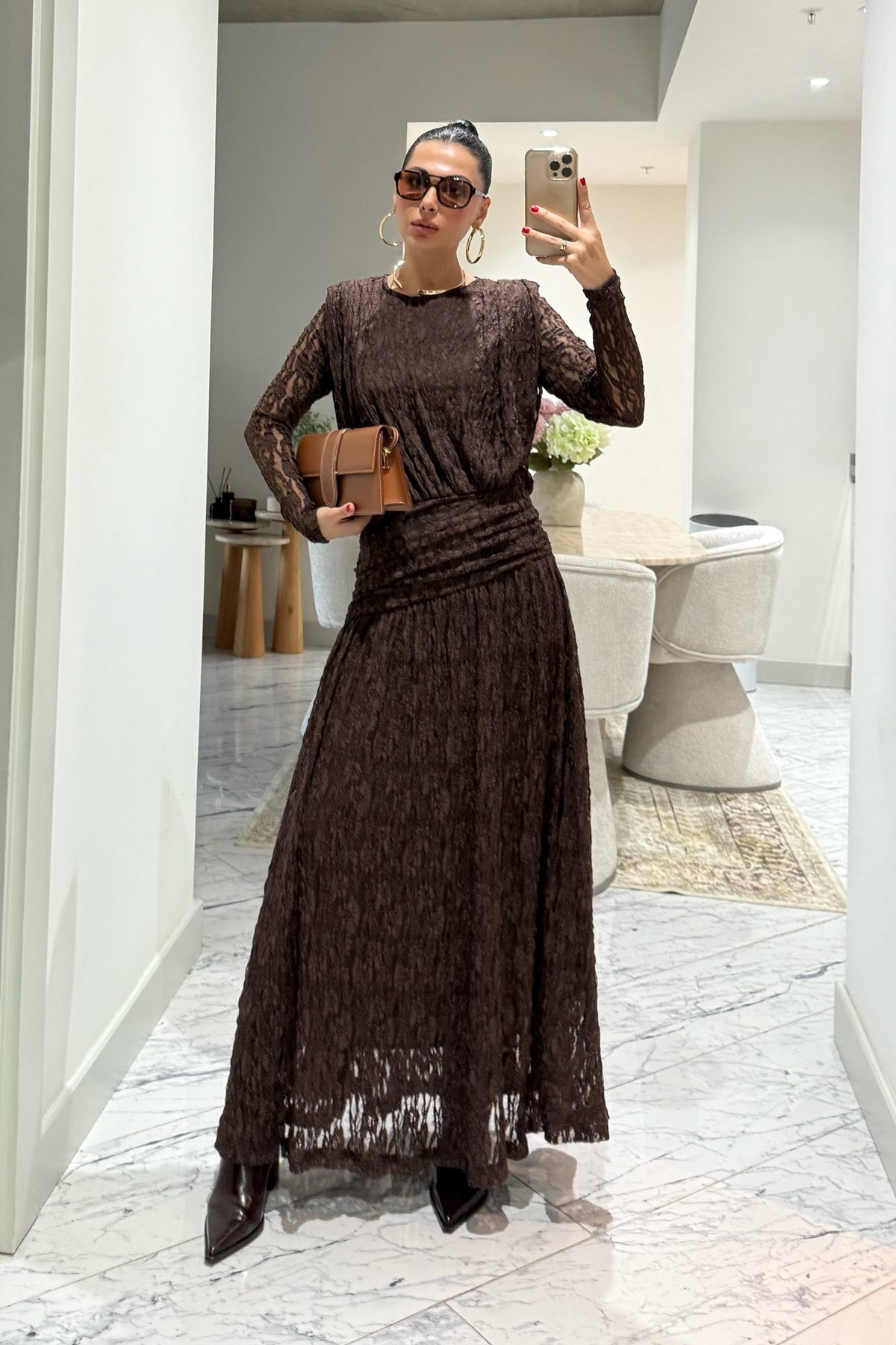 Kahverengi Güpürli Maxi Tasarım Elbise SY-3503-Kahverengi