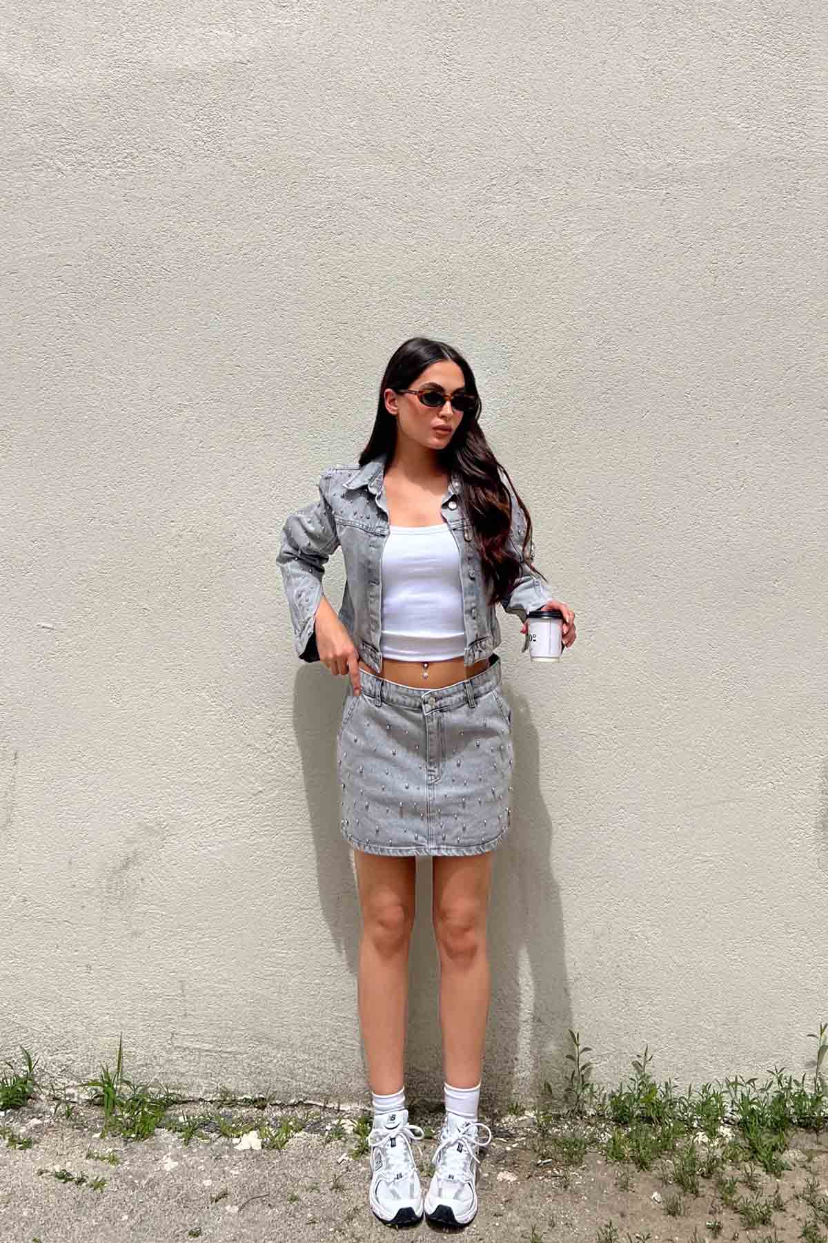 Gri İnci Detaylı Denim Etek Ceket Takım SY-1976-Gri