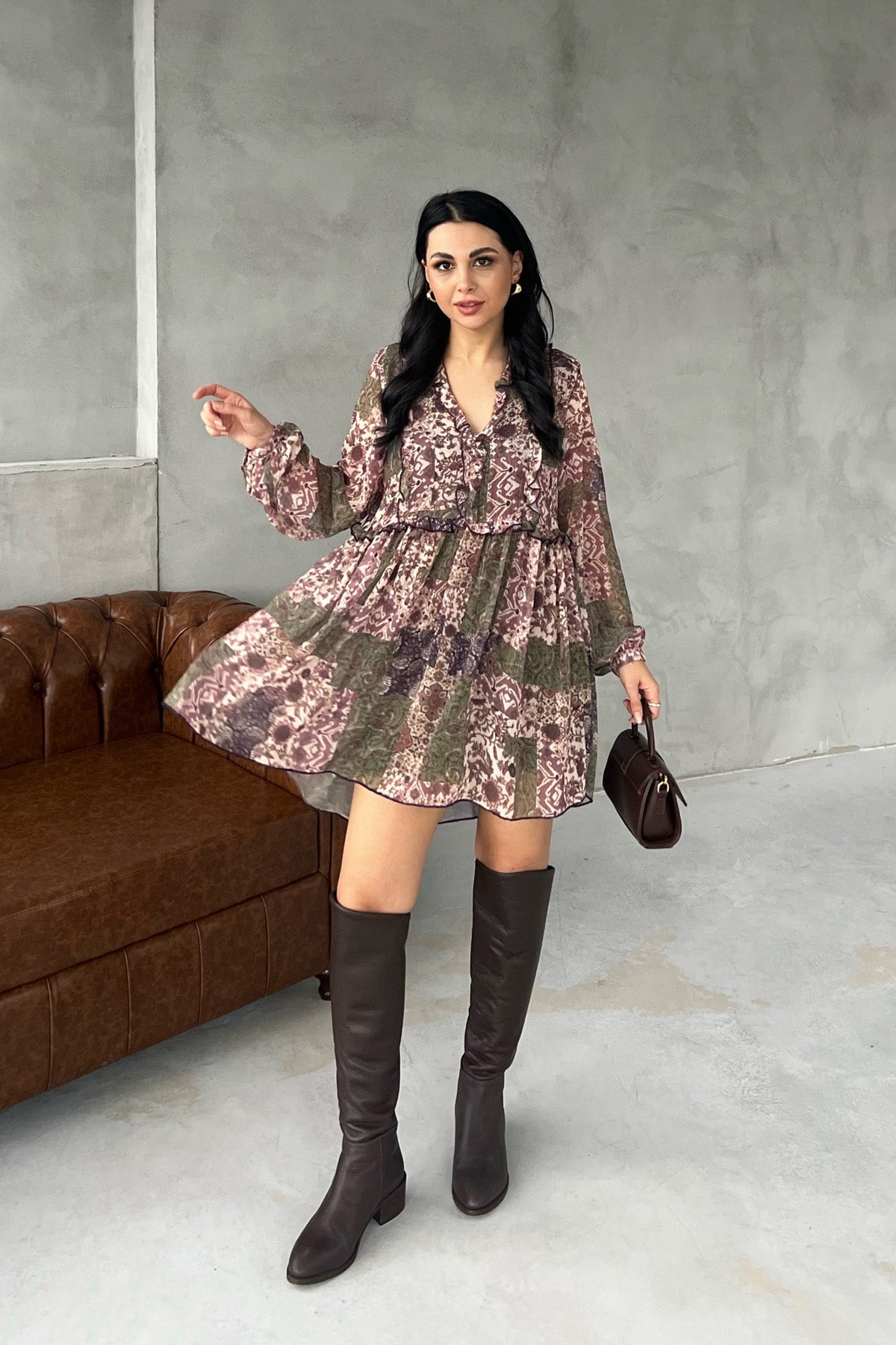 Haki Çiçek Desenli Astarlı Şifon Elbise SY-2917-Haki