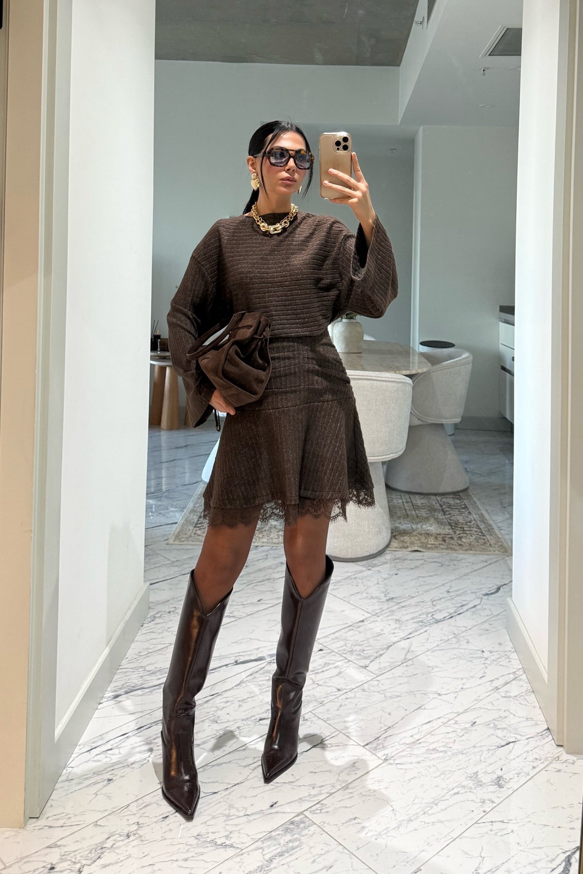 Brown Beli Büzgüli Dantel Detaylı Midi Elbise SY-3499-Kahverengi