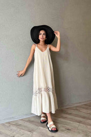 Naturel Örme Detaylı Askılı Elbise SY-1880-Naturel