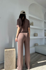 Vizon Fitilli  Kısa Kol ve Pantolon Triko Takım SY-1703-Vizon
