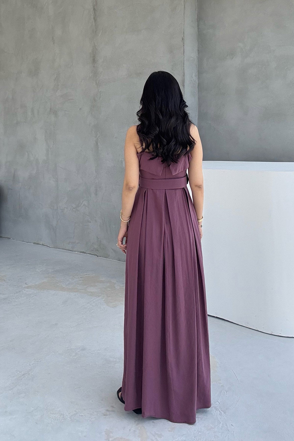 Mürdüm Geniş Pileli Kemerli Elbise SY-3070-Mürdüm