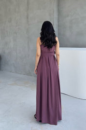 Mürdüm Geniş Pileli Kemerli Elbise SY-3070-Mürdüm