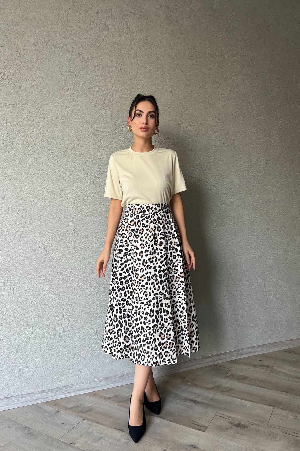 Leopar Desenli Pile Detaylı Kloş Etek SY-1949-Leopar