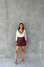 Bordo Kemerli Gizli Cep Detaylı Deri Etek SY-2485-Bordo