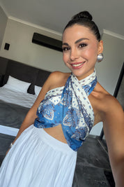 Mavi Çapraz Boyundan Bağlamalı Saten Crop Top SY-3784-Mavi