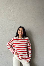 Kırmızı Çizgili Triko Kazak SY-1134-Kırmızı