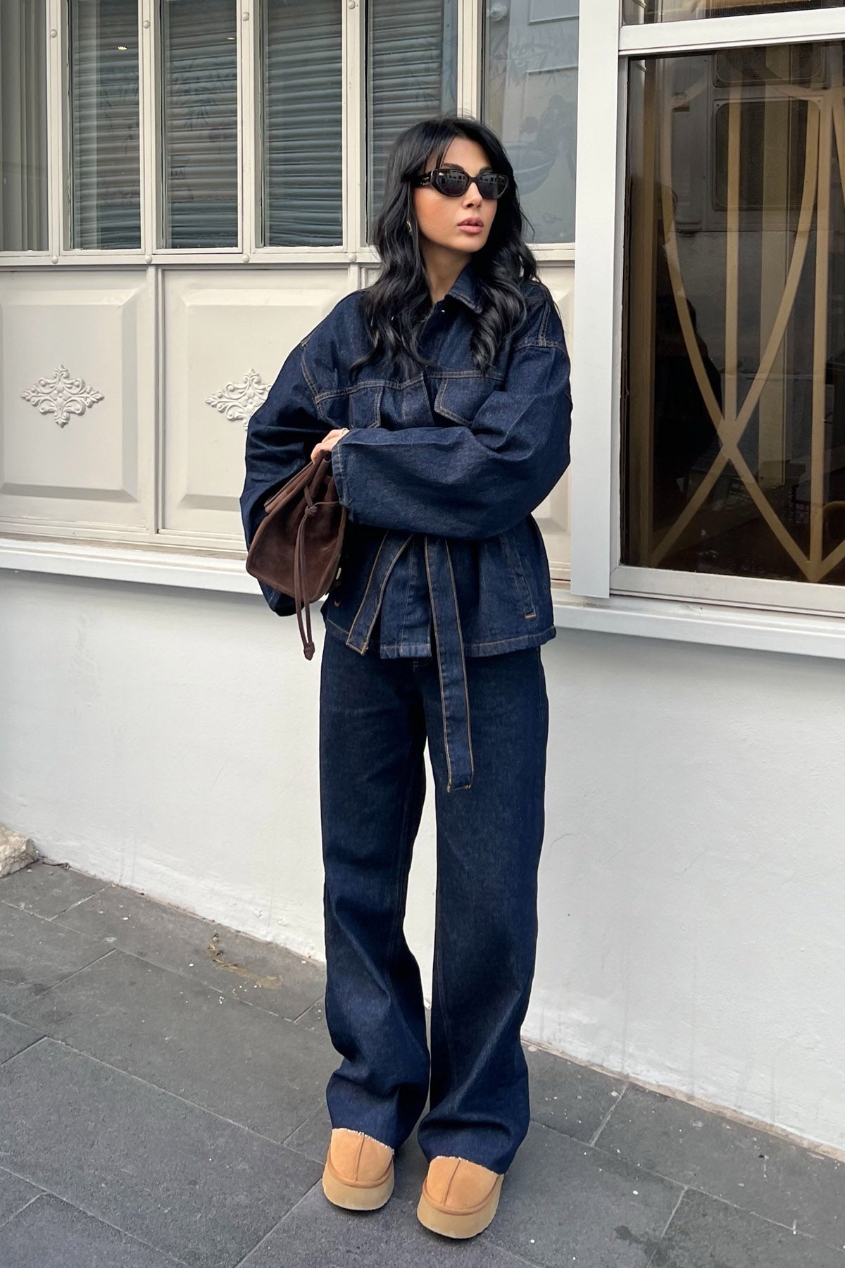 Koyu Lacivert Beli Bağlamalı Denim Ceket Pantolon Takım SY-2884-Lacivert