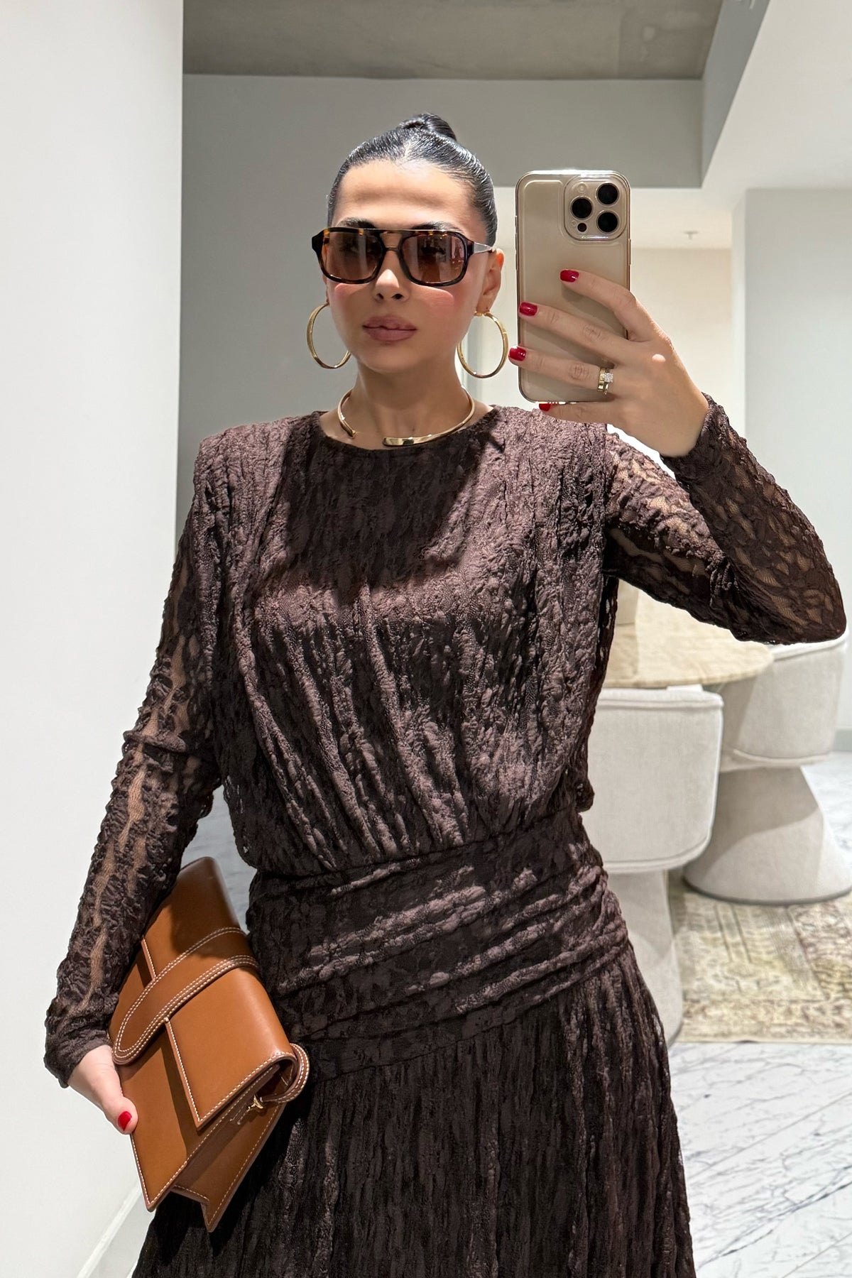 Kahverengi Güpürli Maxi Tasarım Elbise SY-3503-Kahverengi