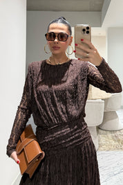 Kahverengi Güpürli Maxi Tasarım Elbise SY-3503-Kahverengi