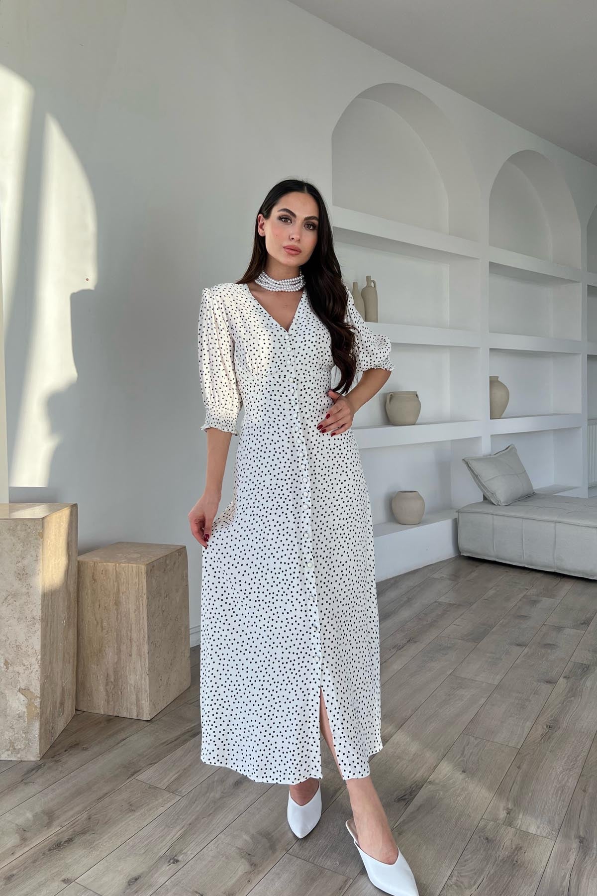 Ekru Puantiyeli Arka Bel ve Kol Ucu Gipeli Elbise SY-1727-Ekru